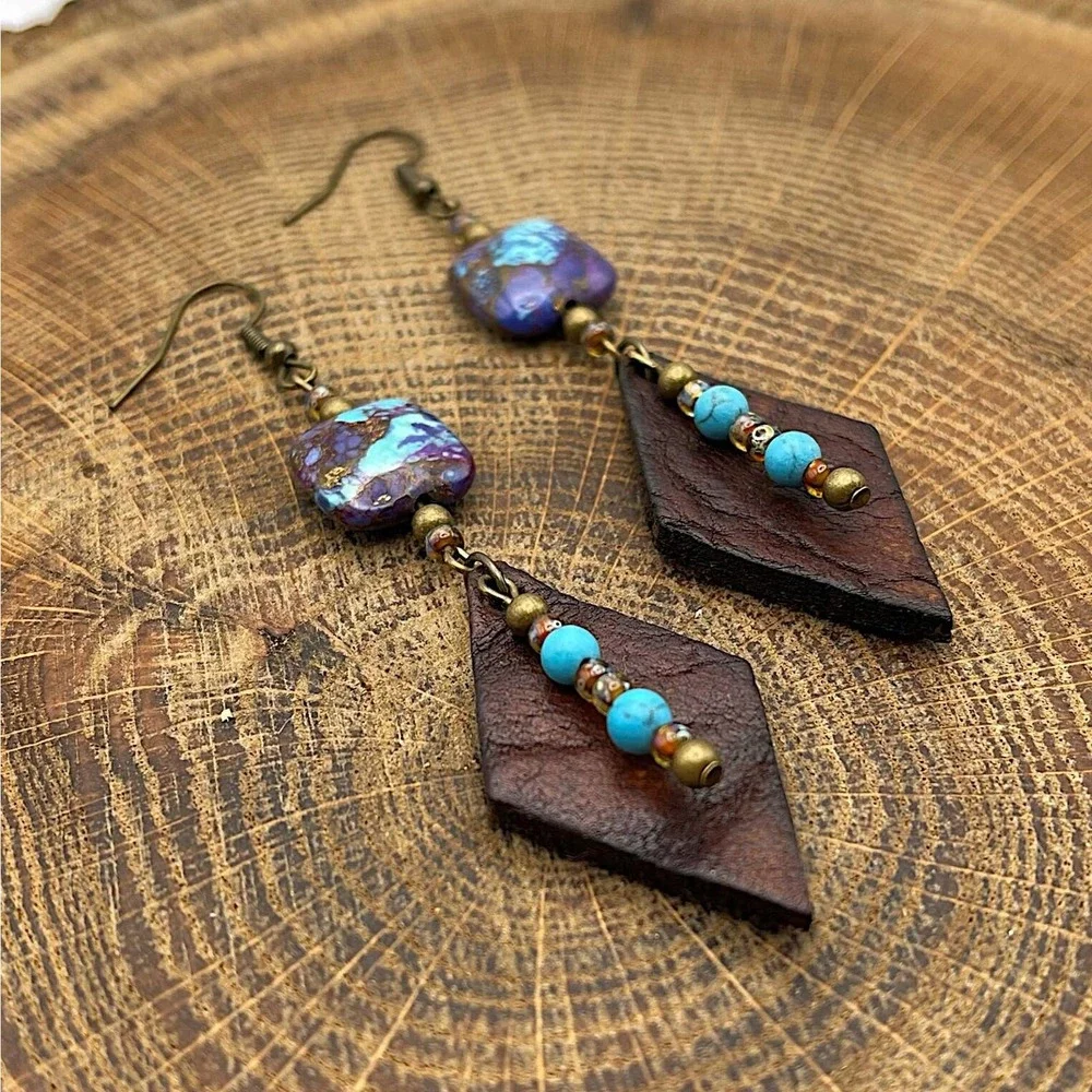 Leather Gemstone Dangle Earrings Bronze Infused Turquoise Picasso Antique Brass